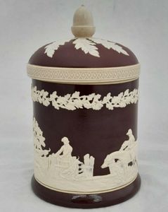 Antique Copeland Brown Sprigged Stoneware Tobacco Jar Humidor Hunting Scene  Domed lid with Acorn finial made between 1847 and 1867