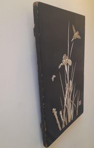 Japanese Antique Shibayama Black Lacquered Wall Panel Inlaid With Mother of Pearl & Ivory Kingfisher Butterfly Iris & Grasses Meiji Period circa 1880