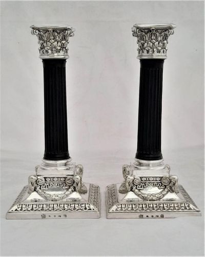 A rare pair of Elkington & Co candlesticks ebony & silver plate with Rams Head design fully marked & date code for 1906