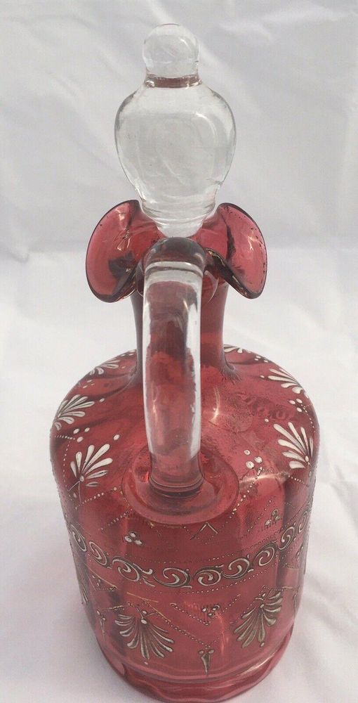 Bohemian Cranberry Glass Claret Jug Decanter Hand Painted Enamels Antique 1880