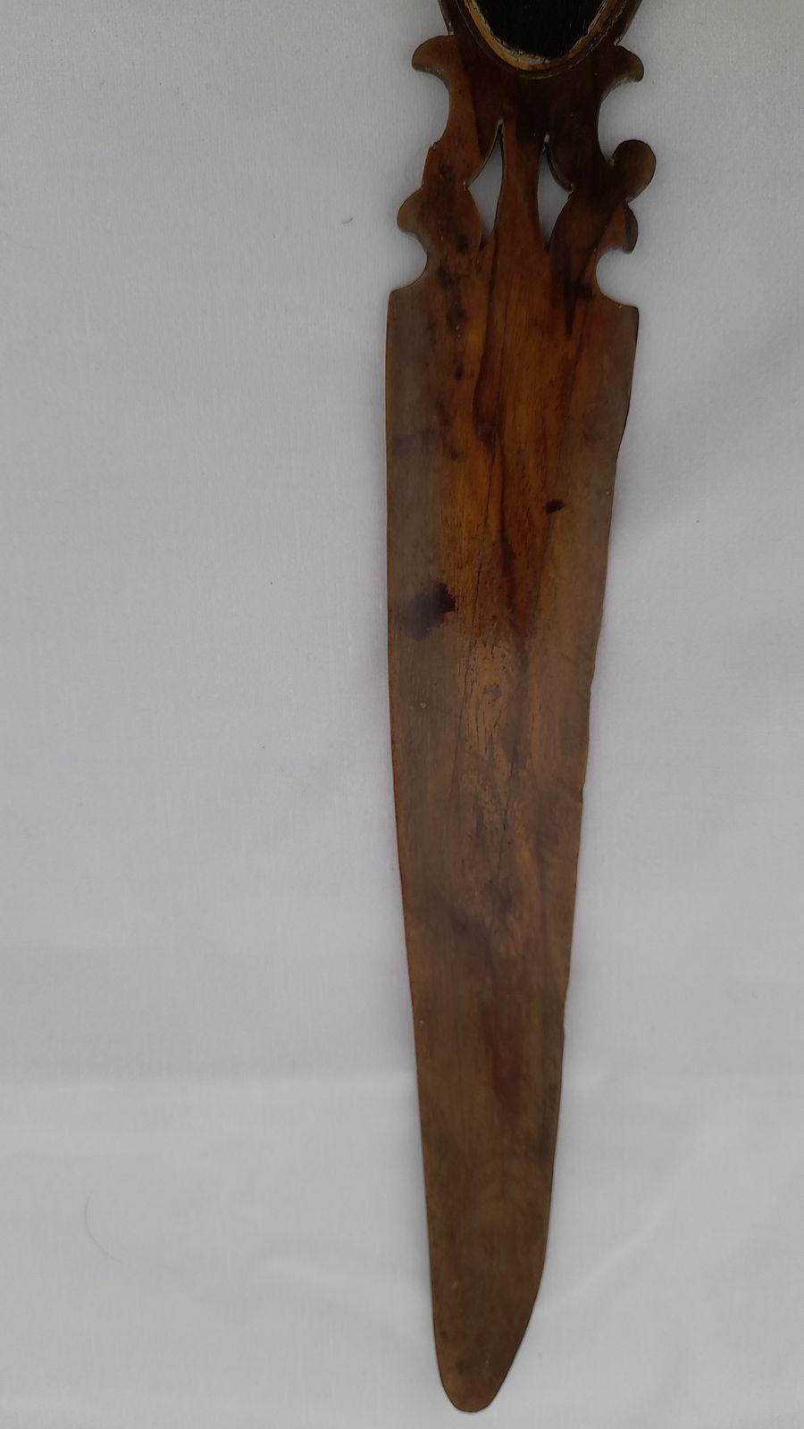 Sorrento ware inlaid letter opener olive wood marquetry woman antique c 1880