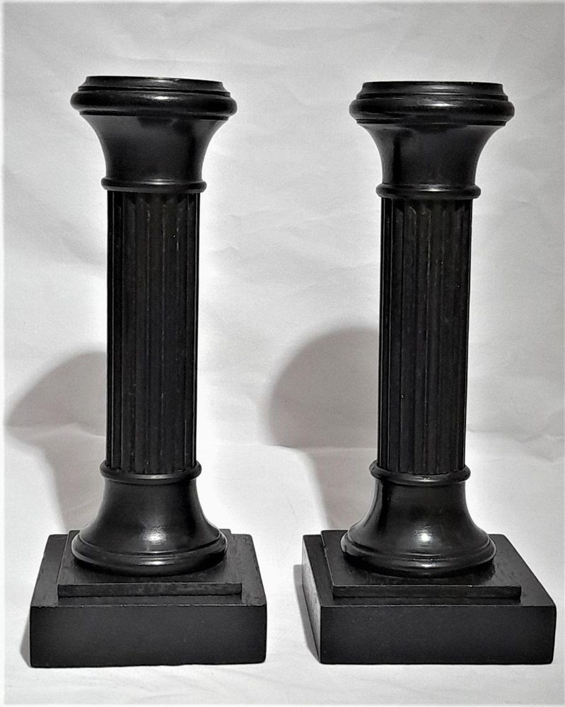 Pair of antique Edwardian Ebony ribbed Doric column wooden candlesticks 6 inches high circa 1905