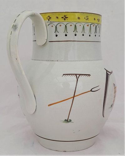 Pearlware high temperature underglaze decorated jug painted name - Edward Croston and farm implement  - Antique circa 1800 - prattware - capacity 2.5 pints or 1.45 litres - 17.5 cm high