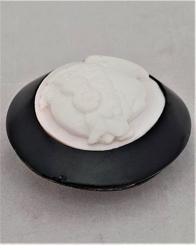 Antique Whitby Jet Oval Brooch frame mounted with a Pale Shell Cameo Carved with the Goddess Flora in High Relief Well Carved Victorian circa 1870