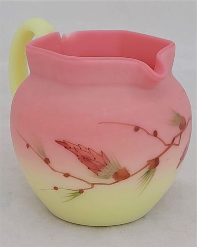 Antique Victorian Thomas Webb Queen's Burmese glass jug hand painted pine branch circa 1890 - peach pink & yellow globular body with an hexagonal rim