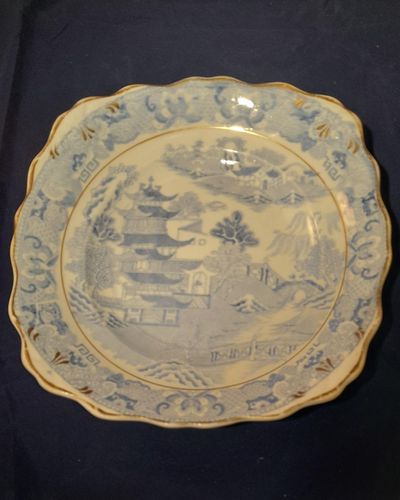 Spode type antique porcelain square cake plate transfer printed in blue & white in the Two Temples II variation Broseley pattern early 19thC 21cm