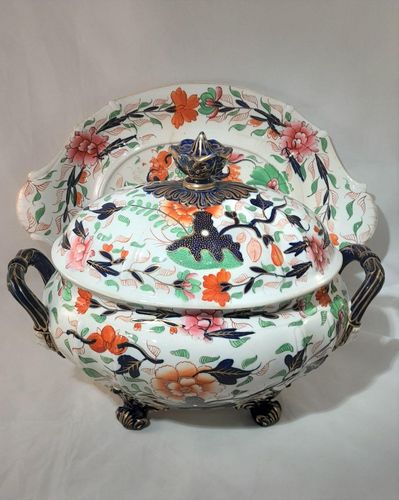 Large Chamberlain Worcester Porcelain Bone China Lidded Soup Tureen & Stand Imari Japan pattern ca 1825 - female mask head handle terminals 41cm L 6pt