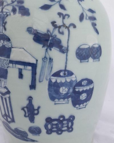 Antique Chinese Porcelain Celadon Ground Vase Blue & White Precious Things Lion Dog Handles baluster shape flared trumpet neck Qing dynasty late 19thC 42cm high 20.6 cm diameter 3.65 kg