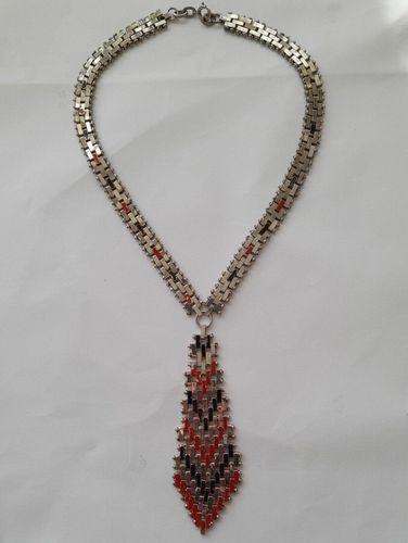 Art Deco Jakob Bengel Brickwork or Mauerwerk Articulated Long Necklace Red Black Enamels 1920