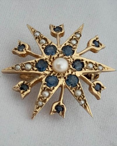 Victorian Style 9ct Gold Sapphire and Spilt Pearl Star Brooch HM 1983 3.5g