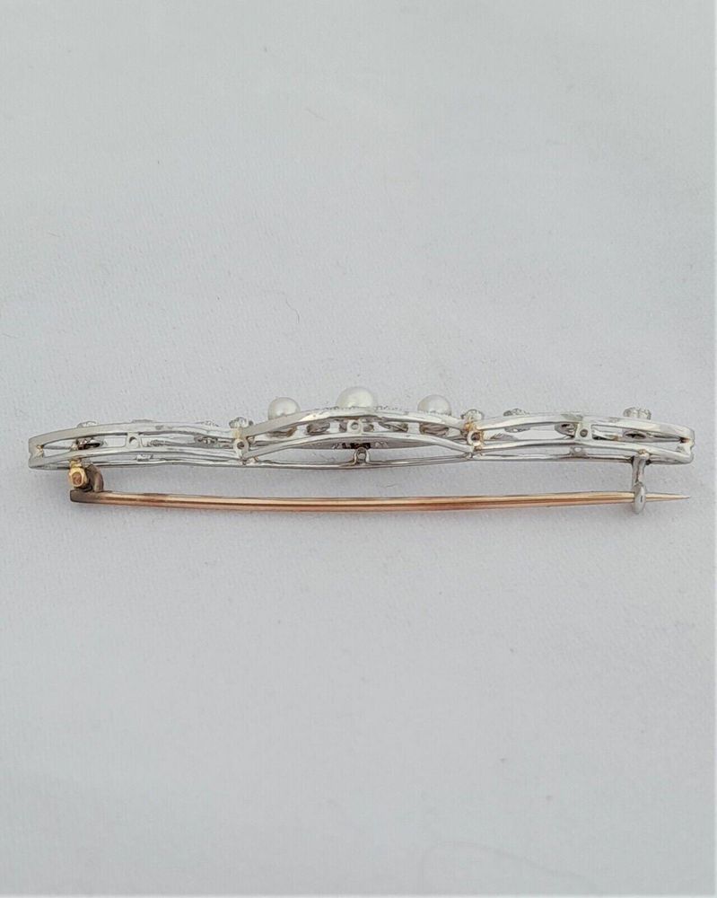Antique Edwardian 18ct White and Yellow Gold Bar Brooch set with Diamonds  and Natural Pearls