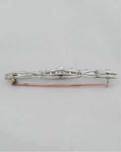 Antique Edwardian 18ct White and Yellow Gold Bar Brooch set with Diamonds  and Natural Pearls