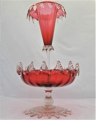 Antique Large Ruby Glass Table Centrepiece or Epergne Stand & Ruby Glass Trumpet circa 1880 - Applied crimped leaf & embossed daisy decoration 42cm High 2.4 kg