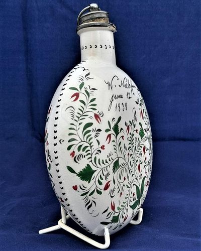 Pearlware Prattware Spirit Flask Inscribed W. Nicklin June 12th 1838 - Antique Pilgrim Flask high temperature underglaze colours green black & red