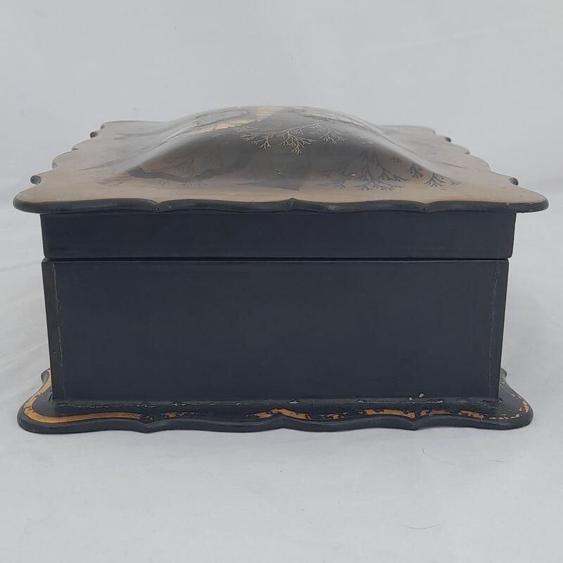 Left - Papier Mache Jewellery Box scalloped rim & hand painted Shells Seaweed & kelp design with Inlaid Mother of Pearl - Antique Victorian Conchology c 1850