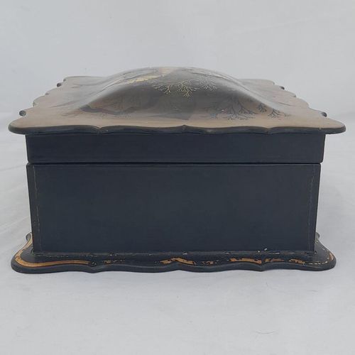 Left - Papier Mache Jewellery Box scalloped rim & hand painted Shells Seaweed & kelp design with Inlaid Mother of Pearl - Antique Victorian Conchology c 1850