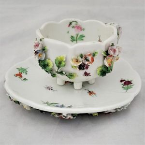 left front - Dresden porcelain cup & saucer applied flowers hand painted insects antique late 19th C - lobed shape on six stilt feet - Meissen style - monogram JR