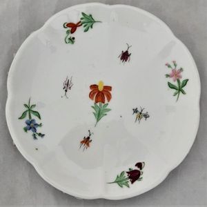 Saucer Top - Dresden porcelain cup & saucer applied flowers hand painted insects antique late 19th C - lobed shape on six stilt feet - Meissen style - monogram JR