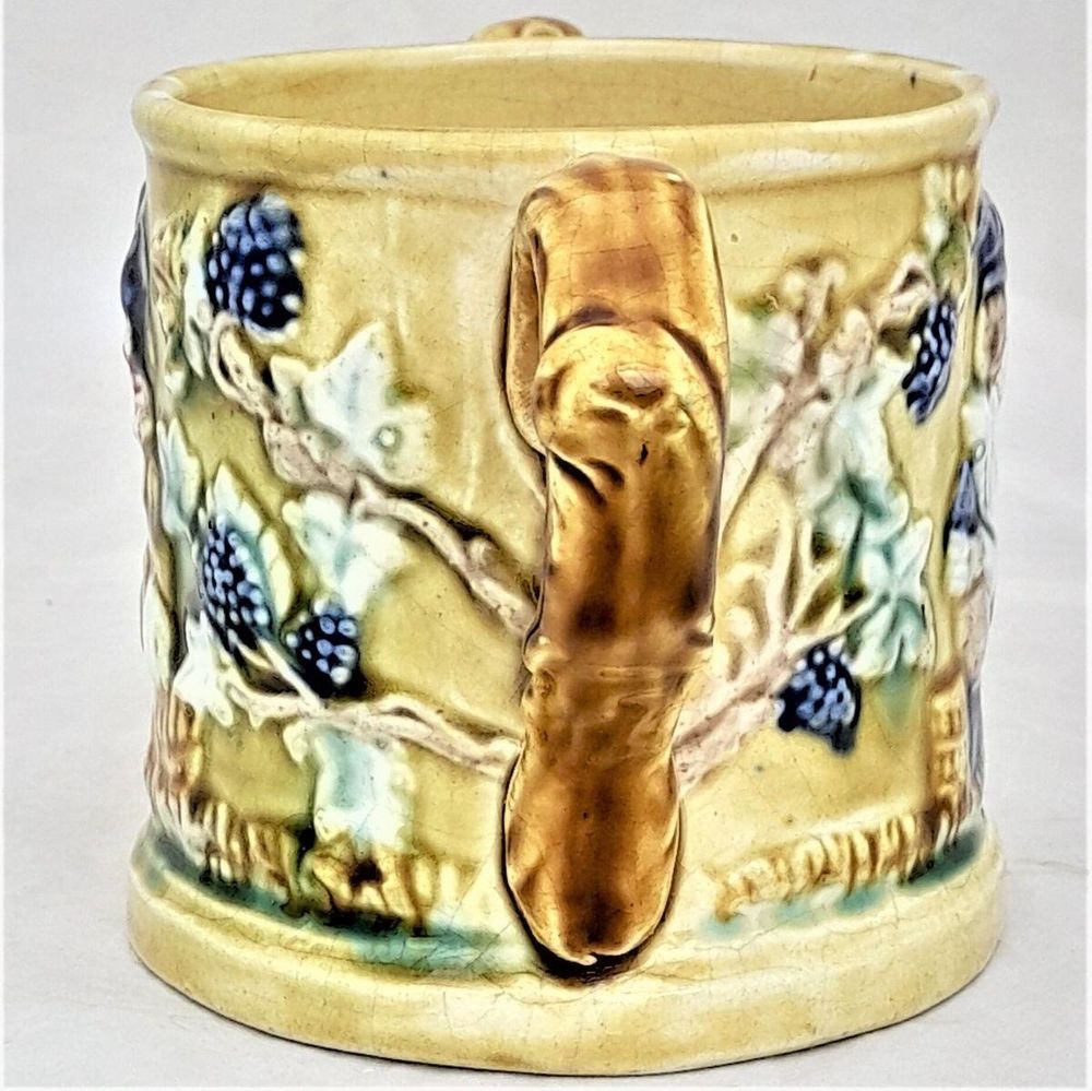 left- jolly Topers -Novelty Frog Loving Cup Jolly Topers - Prattware underglaze coloured - Kilnhurst Pottery Yorkshire - moulded The Miser & Grapevines - Antique c 1860