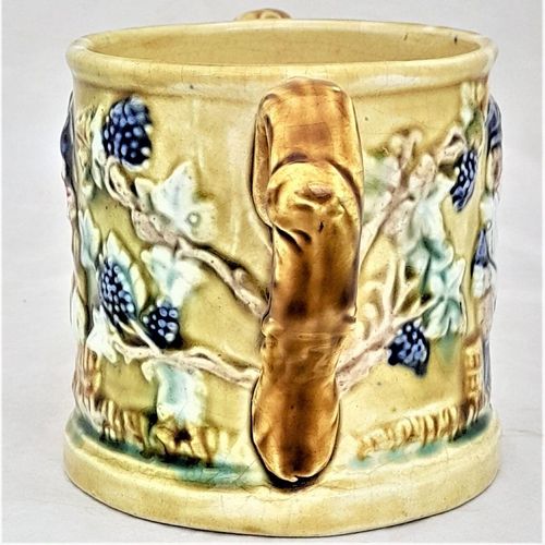 left- jolly Topers -Novelty Frog Loving Cup Jolly Topers - Prattware underglaze coloured - Kilnhurst Pottery Yorkshire - moulded The Miser & Grapevines - Antique c 1860