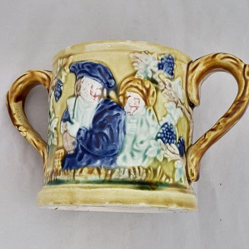 Close up front - jolly Topers -Novelty Frog Loving Cup Jolly Topers - Prattware underglaze coloured - Kilnhurst Pottery Yorkshire - moulded The Miser & Grapevines - Antique c 1860