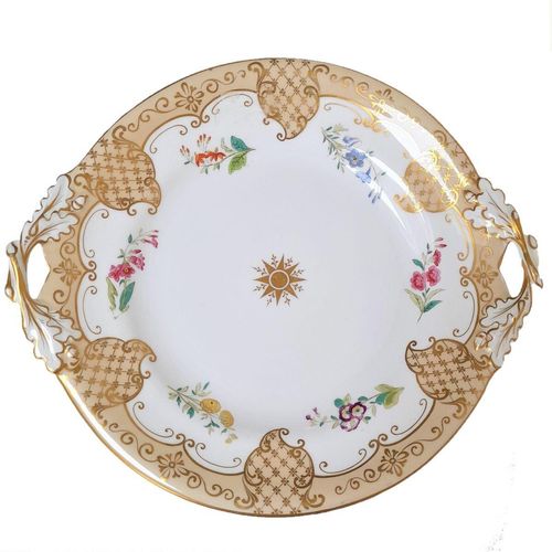 Main no background - Brown Westhead & Moore porcelain cake plate - antique Victorian ca 1865 - Twin oak leaf handles hand coloured floral pattern & rococo scroll gilding