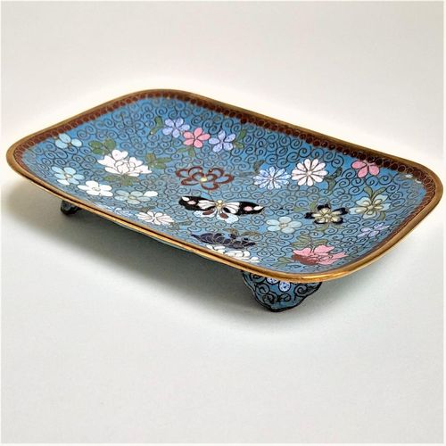 Front right view - Japanese shippo cloisonne turquoise enamel bracket footed small rectangular dish decorated with butterfly & flowers - Antique Meiji period circa 1900