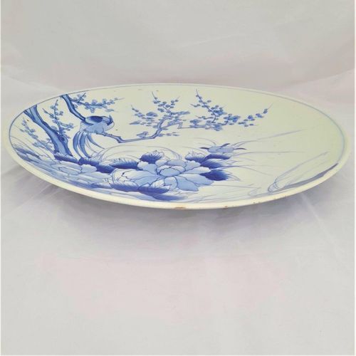 side view bottom - Large Japanese Arita Porcelain Charger Painted Blue & White Bird of Paradise in Prunus Tree - antique circa 1870 19th C Meiji 41 cm diameter 2.29 kg
