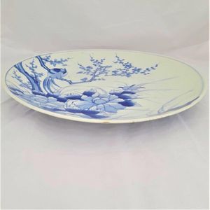 side view bottom - Large Japanese Arita Porcelain Charger Painted Blue & White Bird of Paradise in Prunus Tree - antique circa 1870 19th C Meiji 41 cm diameter 2.29 kg