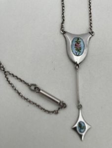 Antique Silver & Enamel Charles Horner Dropper Necklace Pink Rose Spray on Pale Blue Guilloche Enamel circa 1915