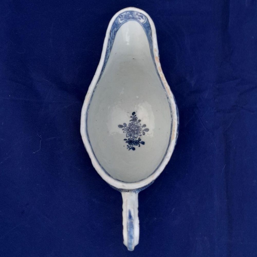Top down view - Chinese Export Porcelain Blue & White Sauce Boat Garden Terrace Pattern with River & Island - Bulbous shape Gadrooned & unfooted - Qianlong Qing 1760