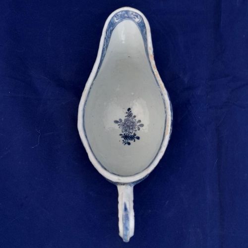 Top down view - Chinese Export Porcelain Blue & White Sauce Boat Garden Terrace Pattern with River & Island - Bulbous shape Gadrooned & unfooted - Qianlong Qing 1760
