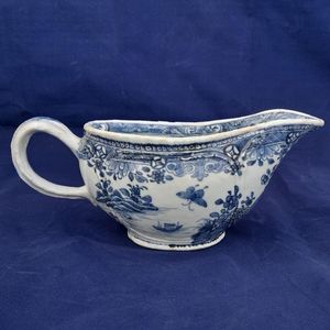 Right view river & island side - Chinese Export Porcelain Blue & White Sauce Boat Garden Terrace Pattern with River & Island - Bulbous shape Gadrooned & unfooted - Qianlong Qing 1760