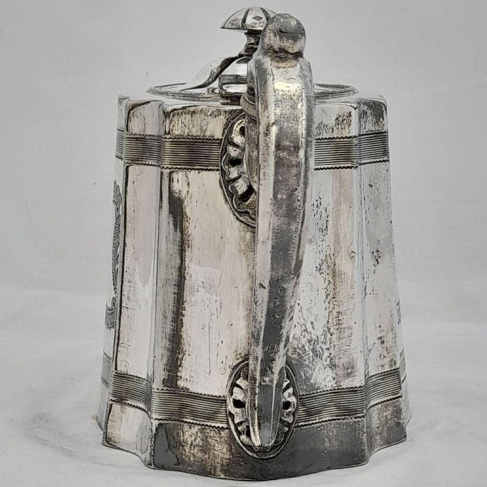 back handle view - James Dixon & Sons silver plated Commode shaped EPBM tea pot engine engraved design - antique George V circa 1920 2 pint capacity