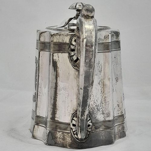 back handle view - James Dixon & Sons silver plated Commode shaped EPBM tea pot engine engraved design - antique George V circa 1920 2 pint capacity
