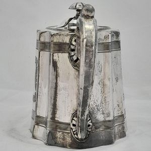 back handle view - James Dixon & Sons silver plated Commode shaped EPBM tea pot engine engraved design - antique George V circa 1920 2 pint capacity