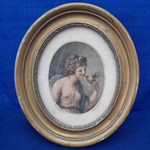 View from front: Antique Francesco Bartolozzi hand coloured stipple engraved Print of a Bacchante after a painting by Giovanni Battista Cipriani circa 1780 Oval Frame