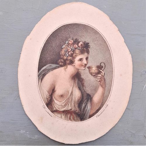 Main image of Bacchante image unglazed : Antique Francesco Bartolozzi hand coloured stipple engraved Print of a Bacchante after a painting by Giovanni Battista Cipriani circa 1780 Oval Frame