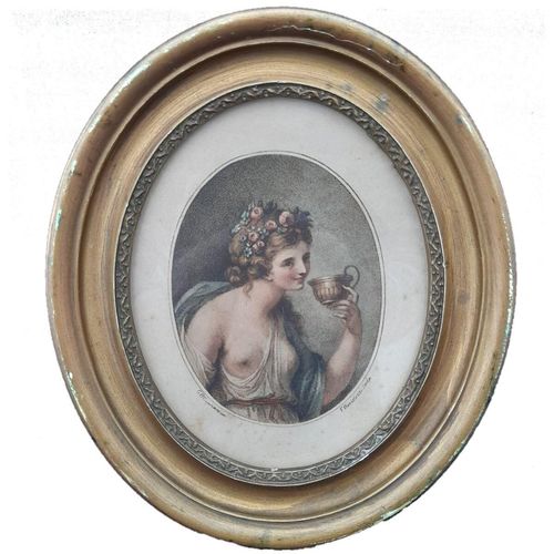 Main image front view no background: Antique Francesco Bartolozzi hand coloured stipple engraved Print of a Bacchante after a painting by Giovanni Battista Cipriani circa 1780 Oval Frame