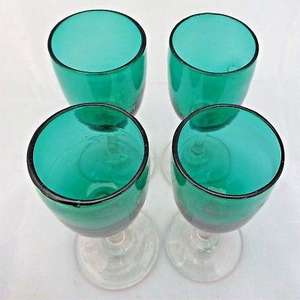 Antique Bristol Green Glass Sherry Glasses Clear Stem Hand Blown Set Four c 1890