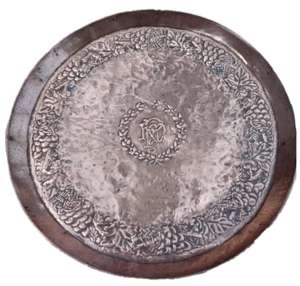 Arts & Crafts Copper Tray Repousse Vine & Laurel Pat Monogram HMP Antique c 1895