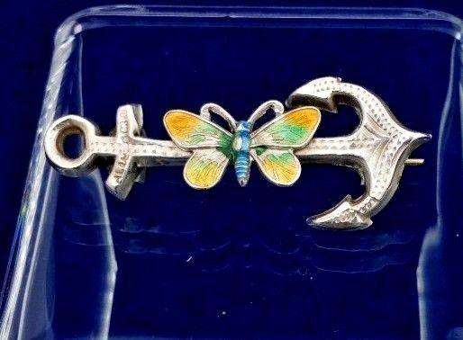 Antique Silver and Enamel Anchor and Butterfly Brooch Adie and Lovekin 1918-19
