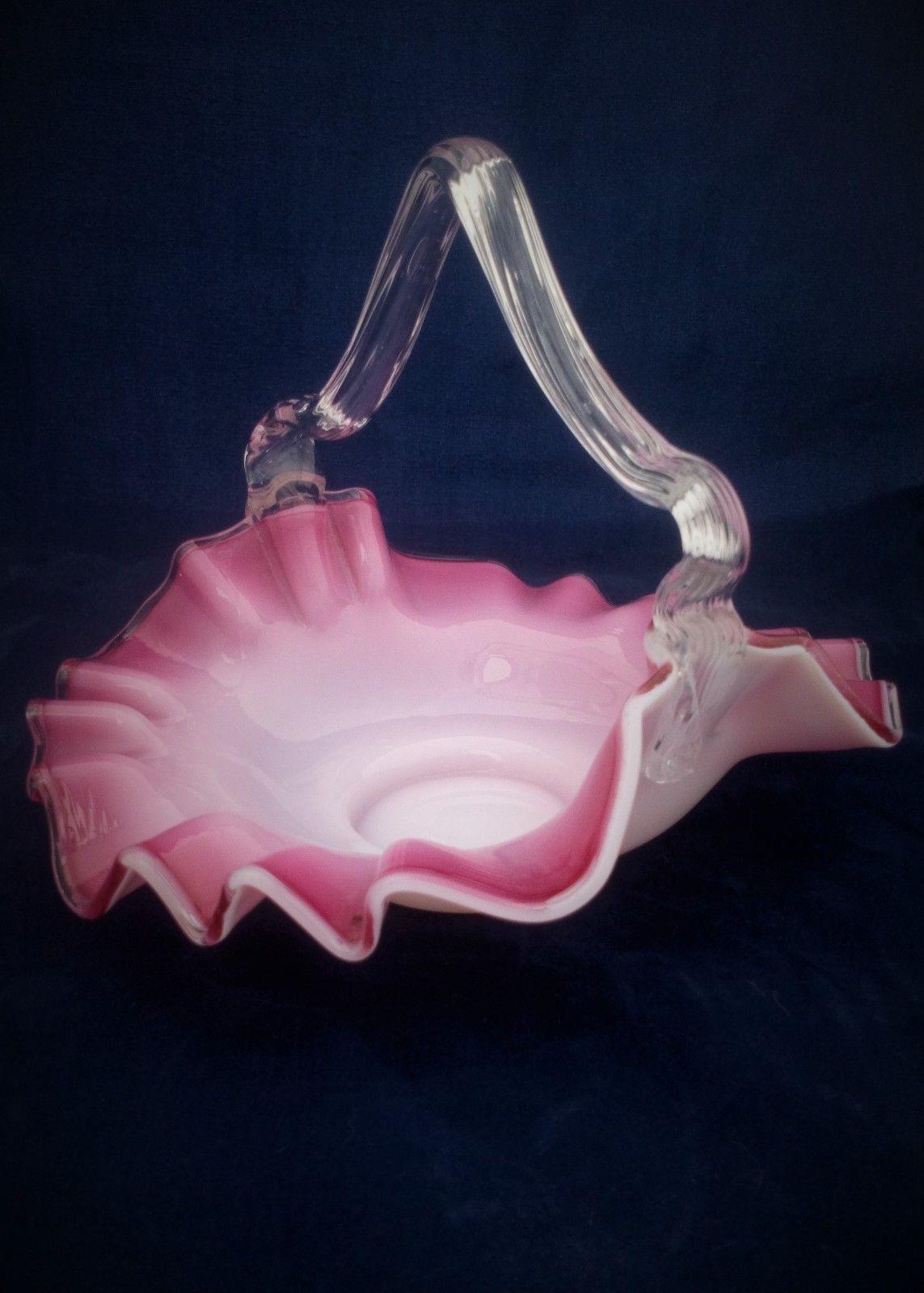 Antique Victorian Pink Opaline Cased Glass Frilled Basket Clear Handle c 1880