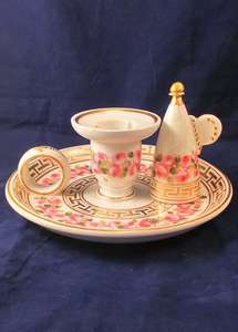 Mintons Pottery Chamberstick and Butterfly Snuffer Pink Roses Antique 1874