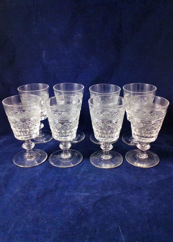 Set 8 Port Wine Glasses Cut Bucket Bowl Drum Knop Stem Edwardian Antique c 1900