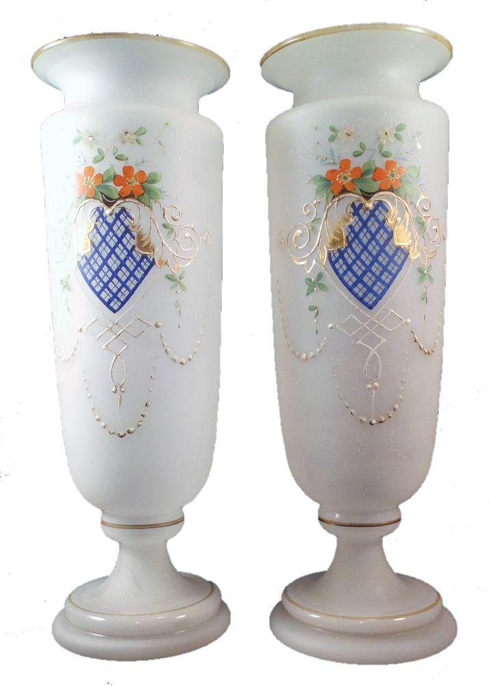 Pair Frosted Opaline Bristol Glass Vases Hand Painted Hearts  Antique c 1880 27cm