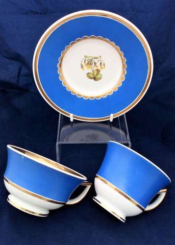Rockingham Brameld Porcelain Brunswick Blue Trio Cups & Saucer Cowslips c 1826