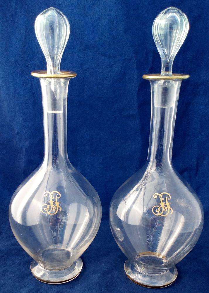 Pair Decanter Late 19th Century Clear Glass Pear Footed Decanters FJ Monogram