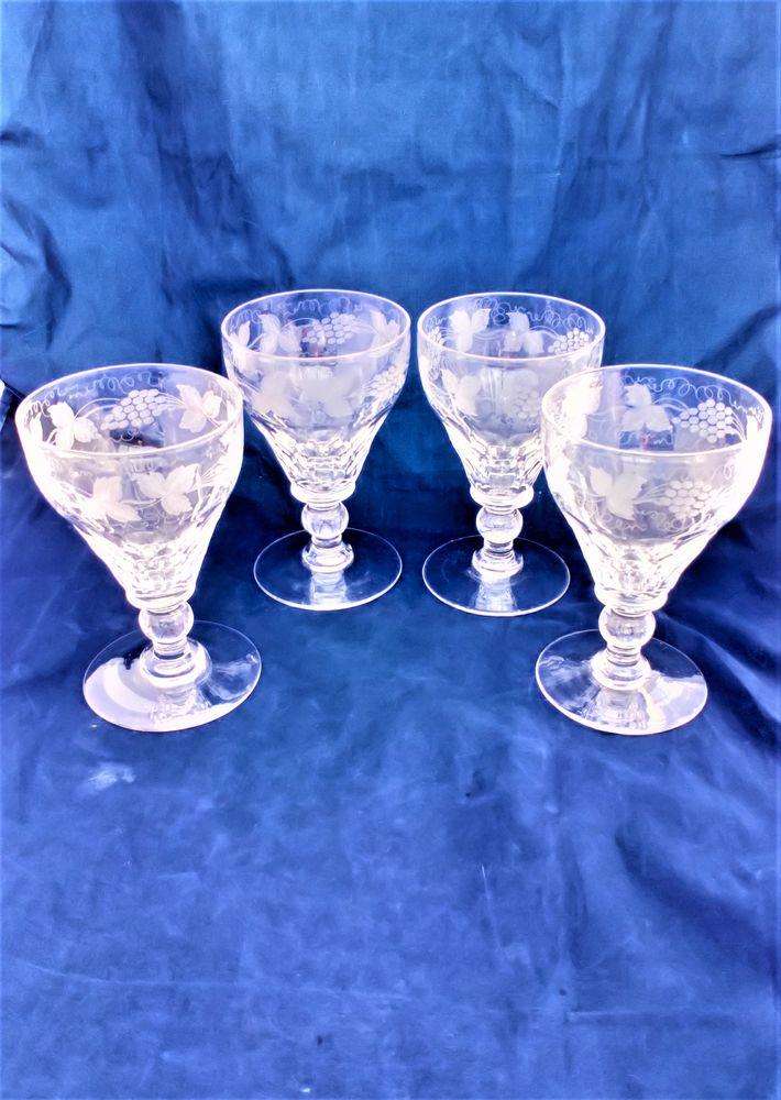 Set 4 Rummer Glasses Vine Engraved Facet Cut Bowl Ball Knop Edwardian c 1910