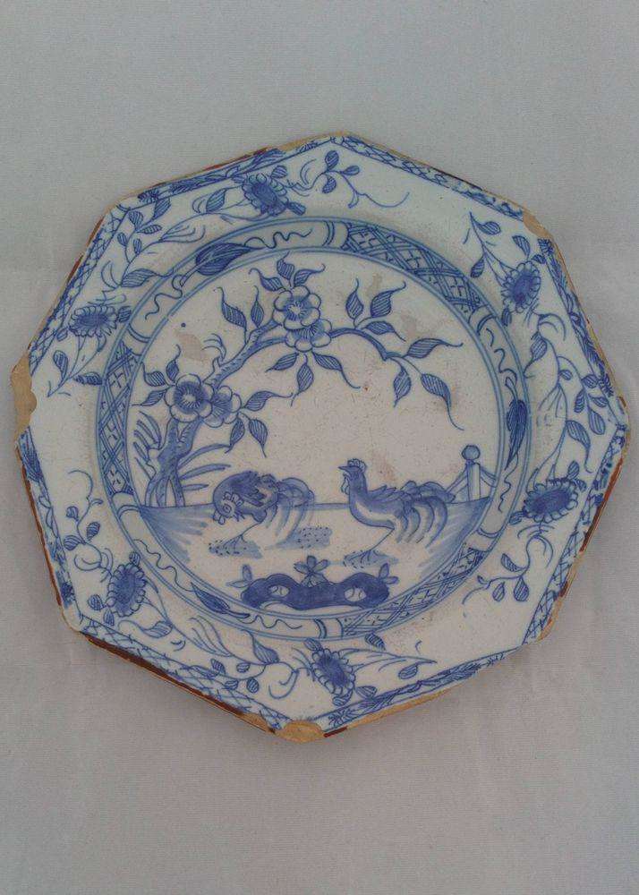 Liverpool Tin Glazed Earthenware Octagonal Plate Cockerels Chinoiserie C 1750